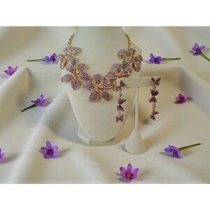 Natasha‎ Couture Sparkling Flower Necklace and Offset Butterfly Earringss Set